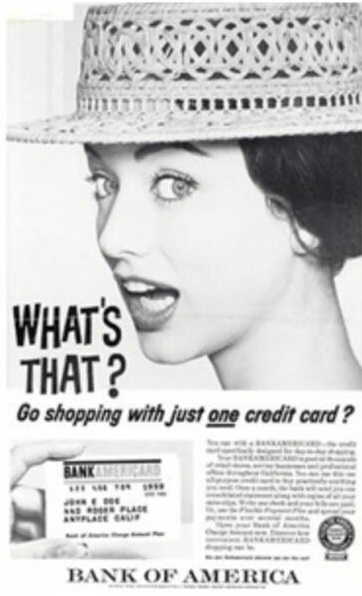 Реклама карты BankAmericard: «За покупками всего с одной карточкой?»